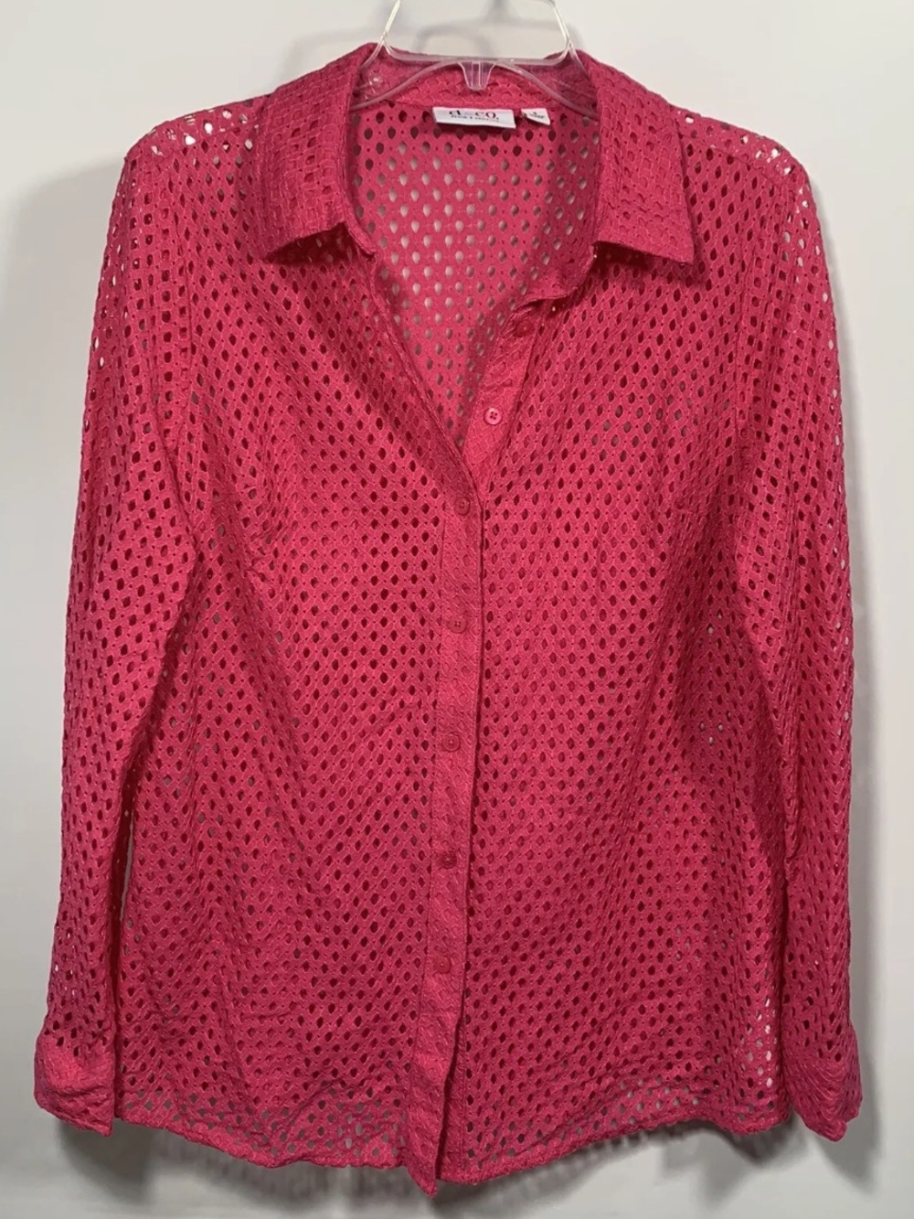 Denim & Co. Button Front Eyelet Shirt with Knit Tank Bright Pink A288398 QVC